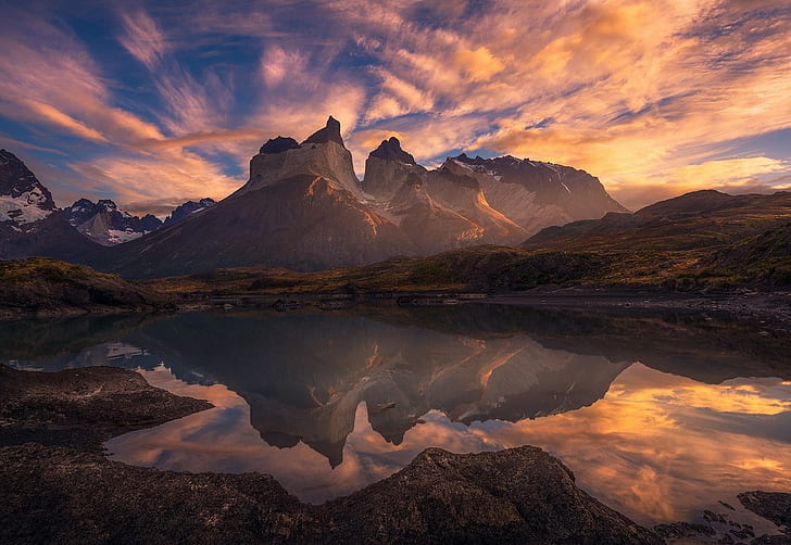 lac, nature, réflexion, Torres del Paine, Chili, montagnes, paysage, nuages, Patagonie, Fond d'écran HD