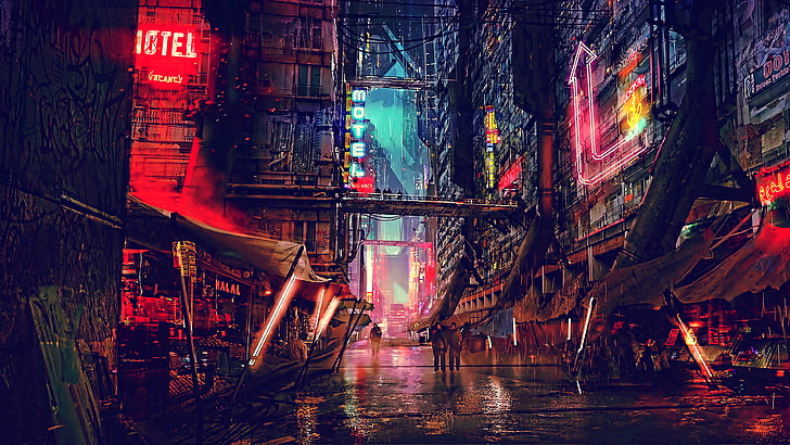 ilustração de edifícios, edifícios de concreto vermelho e preto, noite, trabalho artístico, cidade futurista, cyberpunk, cyber, ficção científica, arte digital, arte conceitual, HD papel de parede