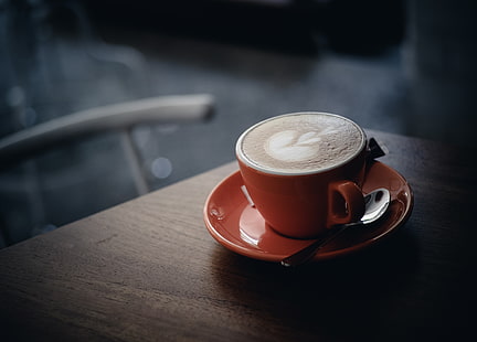 فنجان شاي وصحن سيراميك بني ، قهوة ، كابتشينو ، كوب ، رغوة، خلفية HD HD wallpaper