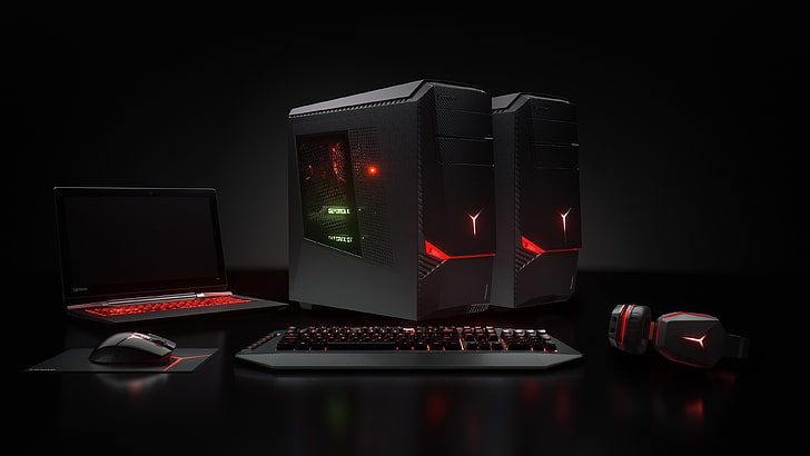two black computer towers, headphone, mechanical keyboard, mouse, and laptop computer, PC gaming, Lenovo, computer, hardware, technology, headphones, keyboards, laptop, GeForce, computer mice, simple background, HD wallpaper