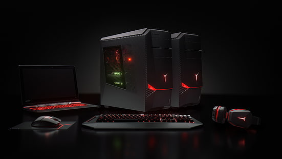 two black computer towers, headphone, mechanical keyboard, mouse, and laptop computer, PC gaming, Lenovo, computer, hardware, technology, headphones, keyboards, laptop, GeForce, computer mice, simple background, HD wallpaper HD wallpaper