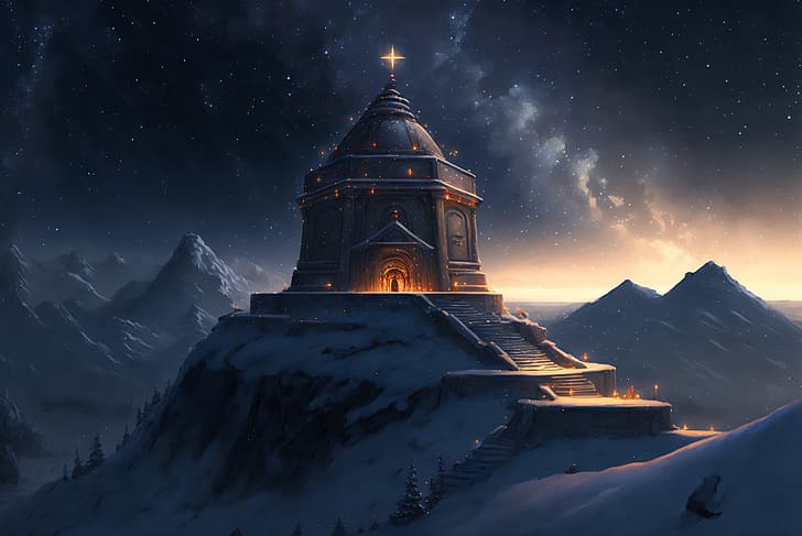 KI-Kunst, Winter, Schnee, Nordpol, Schloss, Nacht, HD-Hintergrundbild