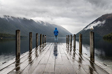 men's blue hoodie, pier, man, mountains, alone, solitude, HD wallpaper HD wallpaper