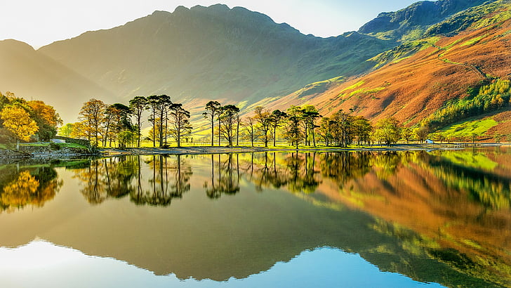 lake district, english lake district, cumbria, bank, tree, united kingdom, landscape, loch, england, reflection, buttermere lake, mountain, sky, lake, reflected, water, nature, HD wallpaper