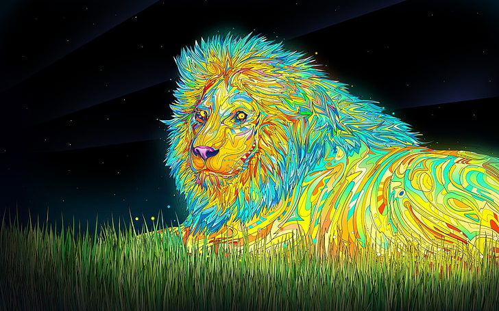 gelbe und blaue Löweillustration, psychedelisch, Anime, bunt, Löwe, Tiere, digitale Kunst, Matei Apostolescu, HD-Hintergrundbild