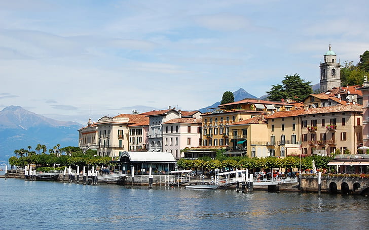 Italy, Lake Como, Lombardy, buildings, pier, mountains, Italy, Lake, Como, Lombardy, Buildings, Pier, Mountains, HD wallpaper