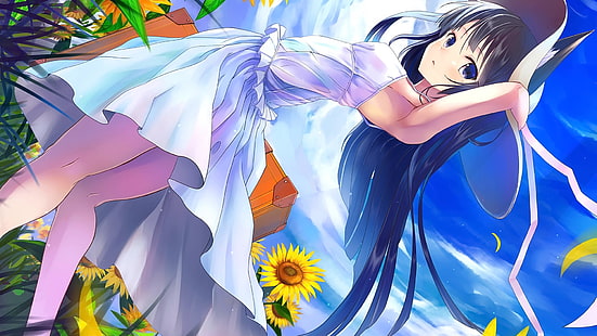 Anime, Anime Girls, originelle Charaktere, Kleid, Sonnenblumen, Hut, Blumen, blaue Augen, Brünette, lange Haare, Himmel, Wolken, HD-Hintergrundbild HD wallpaper