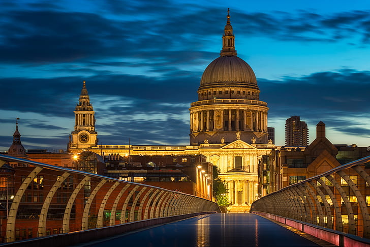 the sky, clouds, bridge, lights, England, London, the evening, Palace, Millennium Bridge, HD wallpaper