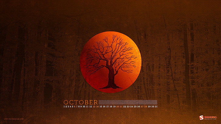 Октябрь текст с дерева жизни цифровые обои, деревья, октябрь, календарь, Smashing Magazine, HD обои