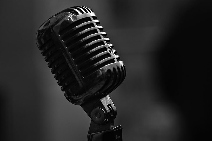 gray condenser microphone, microphone, bw, metal, close-up, HD wallpaper