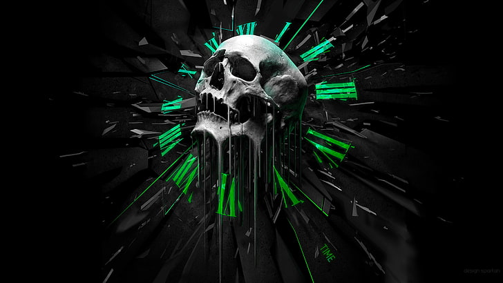 illustration du crâne, abstrait, crâne, horloges, fond noir, art numérique, Fond d'écran HD
