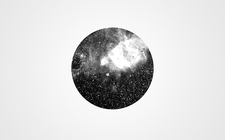 okrągła czarno-biała ikona mgławicy, minimalizm, monochromatyczny, gwiazdy, galaktyka, kształty, sztuka kosmiczna, przestrzeń, Tapety HD