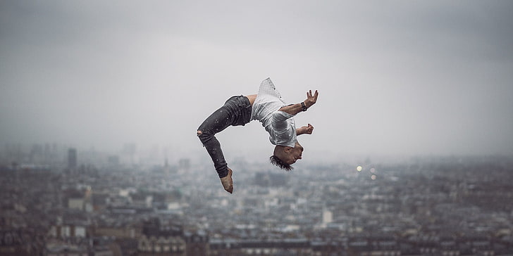 man black flipping above buildings, ballet, jumping, Paris, backflip, men, HD wallpaper