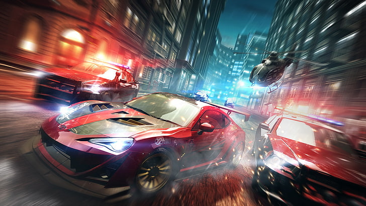 city, Dodge Charger, helicopters, Motion Blur, need for speed, Need For Speed: No Limits, night, Police Cars, Toyota 86, Tuning, video games, HD wallpaper