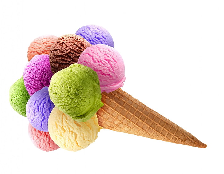 ice cream, food, ice cream, white background, tube, horn, dessert, sweet, wafer, colored balls, HD wallpaper
