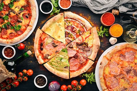 mat, pizza, tomater, kryddor, lök, grönsaker, HD tapet HD wallpaper