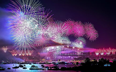 fireworks display at nighttime, fireworks, night, cityscape, boat, HD wallpaper HD wallpaper