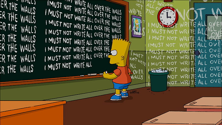 Bart, kartun, papan tulis, detensi, humor, simpsons, tulis, Wallpaper HD