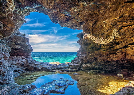 Jaskinie, jaskinia, plaża, ziemia, horyzont, ocean, skała, morze, Tapety HD HD wallpaper