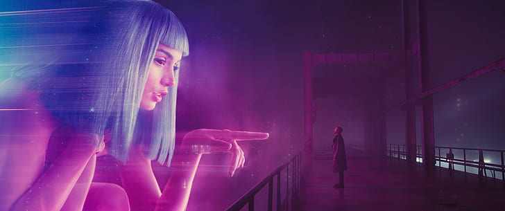 Ana de Armas, Blade Runner, Blade Runner 2049, Blue Hair, bridge, Coats, cyberpunk, Eye Contact, Finger pointing, Futuristic, Hologram, Joi, Neon glow, Officer K, women, HD wallpaper