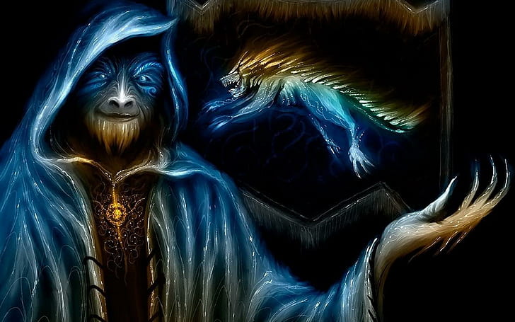 Blue Wizard, biru, penyihir, fantasi, gelap, 3d, dan abstrak, Wallpaper HD