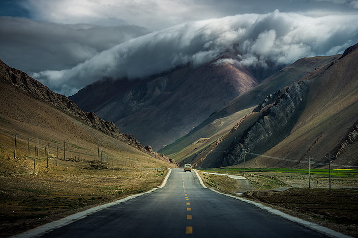 black asphalt road, road, machine, clouds, mountains, Tibet, HD wallpaper
