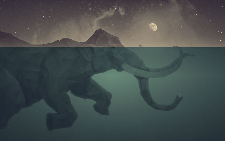 elephant illustration, gray elephant anime illustration, elephant, mammoths, underwater, sea, boat, Moon, split view, artwork, low poly, water, fantasy art, digital art, animals, HD wallpaper