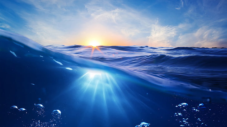 papel tapiz digital de agua del océano, agua, nubes, cielo, bajo el agua, cian, azul, burbujas, sol, olas, luz solar, mar, cielo despejado, Fondo de pantalla HD