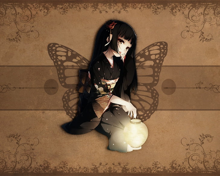 mulher vestindo quimono e segurando a ilustração de lanterna menina, morena, quimonos, asas, borboleta, HD papel de parede