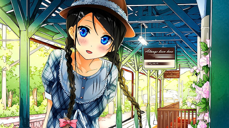 Anime, Anime Girls, Brünette, lange Haare, Betrachter, Hut, Lächeln, blaue Augen, originelle Charaktere, Kantoku, HD-Hintergrundbild