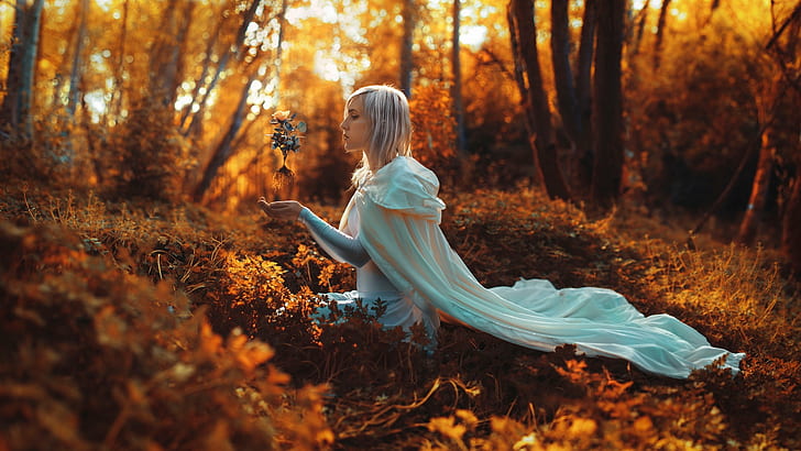 Girl in the forest, white hair, magic, Girl, Forest, White, Hair, Magic, HD wallpaper