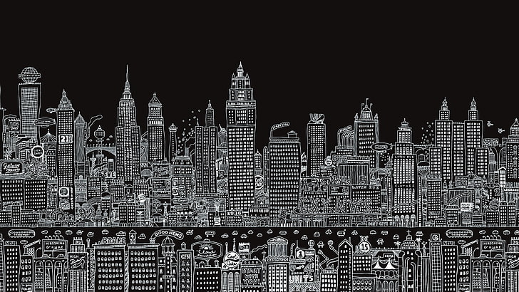 kolase ilustrasi kota, seni digital, kota, latar belakang gelap, latar belakang sederhana, gambar, monokrom, lanskap kota, Wallpaper HD