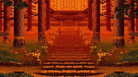 papel tapiz del templo, arte digital, pixel art, pixelado, píxeles, naturaleza, paisaje, arquitectura asiática, templo, árboles, bosque, piedras, escaleras, naranja, Fondo de pantalla HD HD wallpaper
