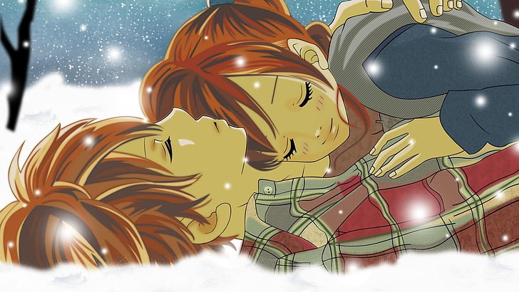 tecknad karaktär illustration, pojke, flicka, kram, snö, ömhet, HD tapet