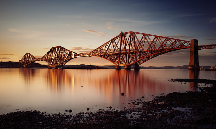 silhouette photo of a metal bridge during daytime, silhouette, photo, metal bridge, daytime, Edinburgh, Queensferry, Scotland, Firth, Forth Rail Bridge, Finepix, Fujifilm  X100, B+W, Filter, bridge - Man Made Structure, architecture, river, water, sunset, dusk, famous Place, night, built Structure, HD wallpaper