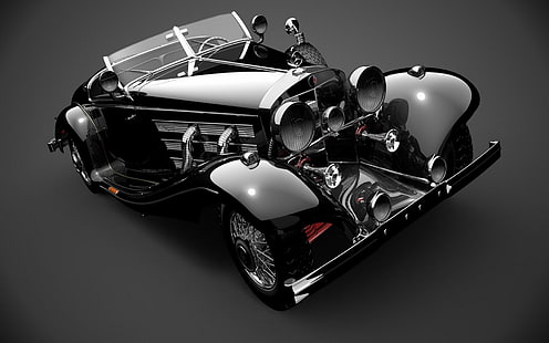 классический черный автомобиль, мерседес-бенц, суперкар, винтаж, простой фон, олдтаймер, HD обои HD wallpaper