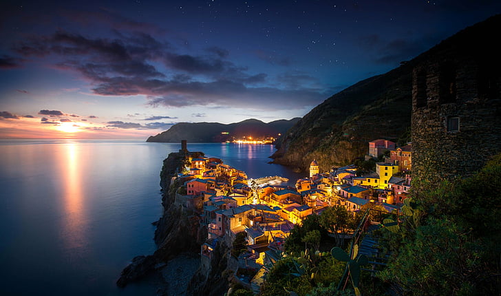 Towns, Vernazza, City, Cityscape, Coast, Italy, Light, Man Made, Night, HD wallpaper