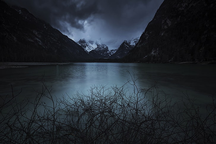 ภาพวาดนามธรรมขาวดำทิวทัศน์ธรรมชาติภูเขาท้องฟ้าแม่น้ำ, วอลล์เปเปอร์ HD
