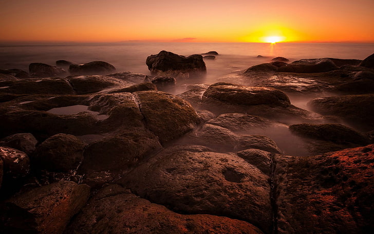 fotografia, natura, acqua, roccia, tramonto, pietre, costa, Sfondo HD