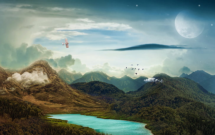 Fondo de pantalla de montañas verdes cerca del cuerpo de agua, Paisaje, Montañas, Luna, Lago, 4K, Fondo de pantalla HD