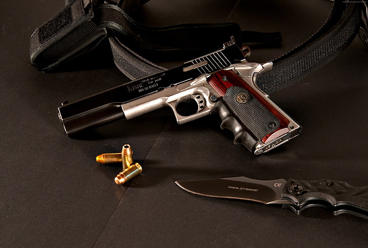 pistol, Colt M1911, Peters Stahl, Alpha 2, ACP, knife, custom, .45, Pohl Force, HD wallpaper
