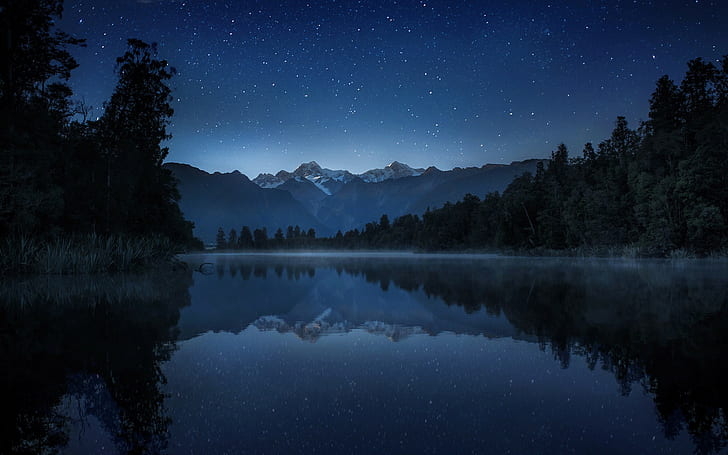 الطبيعة ، التصوير ، البحيرة ، الجبال ، الليل المرصع بالنجوم ، المناظر الطبيعية، خلفية HD