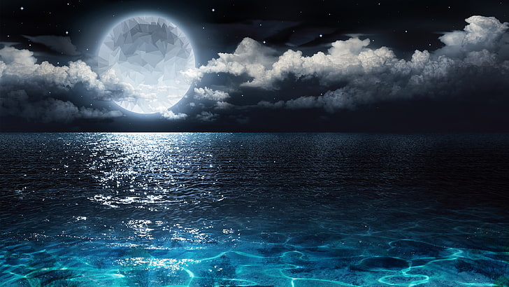широка водна и лунна илюстрация, Луна, море, ниско поли, HD тапет