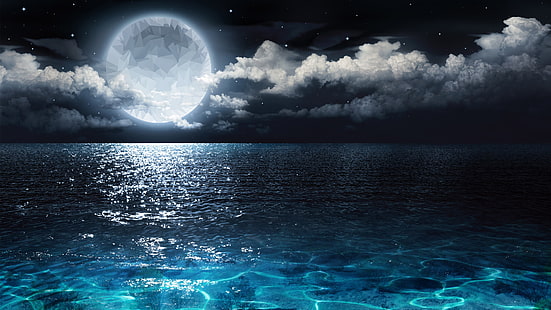 amplo corpo de água e lua ilustração, lua, mar, baixo poli, HD papel de parede HD wallpaper