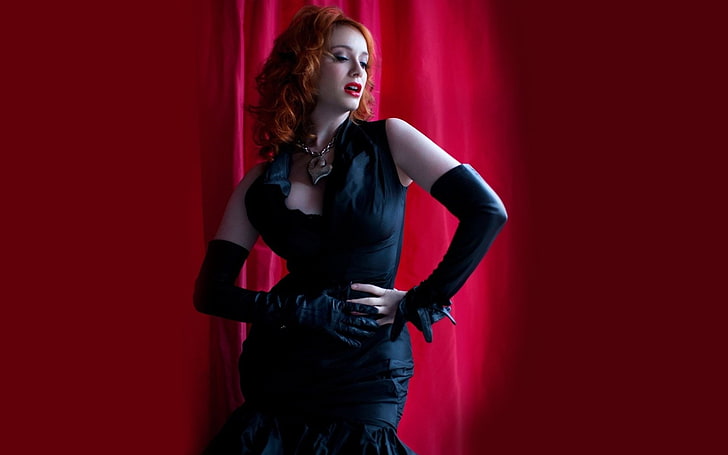 Christina Hendricks, redhead, elbise, oyuncu, kırmızı arka plan, ünlü, HD masaüstü duvar kağıdı