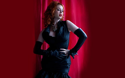 Christina Hendricks, rödhårig, klänning, skådespelerska, röd bakgrund, kändis, HD tapet HD wallpaper