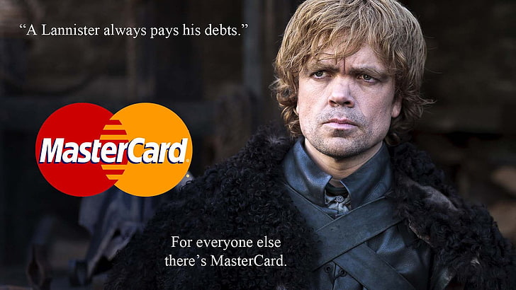 Logo de Master Card, Game of Thrones, humour, Tyrion Lannister, Peter Dinklage, citation, publicités, Mastercard, croisement, Fond d'écran HD