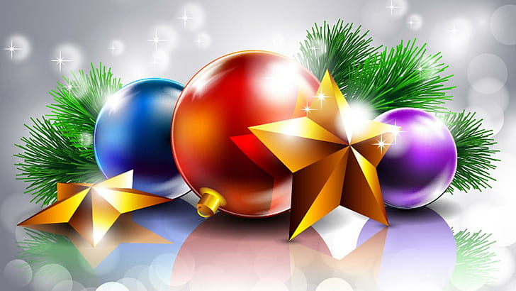 Reflections Of Christmas Bright, pine, decoratins, stars, christmas, balls, bright, feliz navidad, spruce, colorful, shine, boke, HD wallpaper