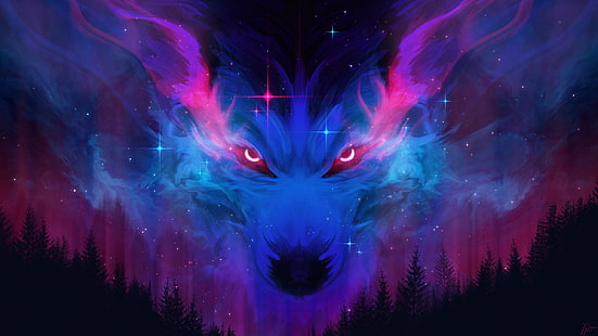 Фэнтези Животные, Волк, Ночь, Звезды, HD обои HD wallpaper