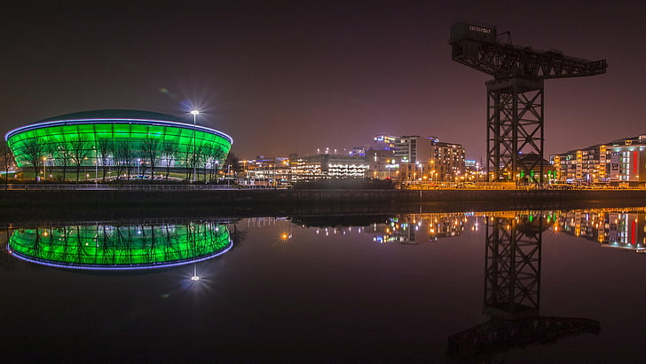glasgow, river, clyde, night time, reflection, city, HD wallpaper
